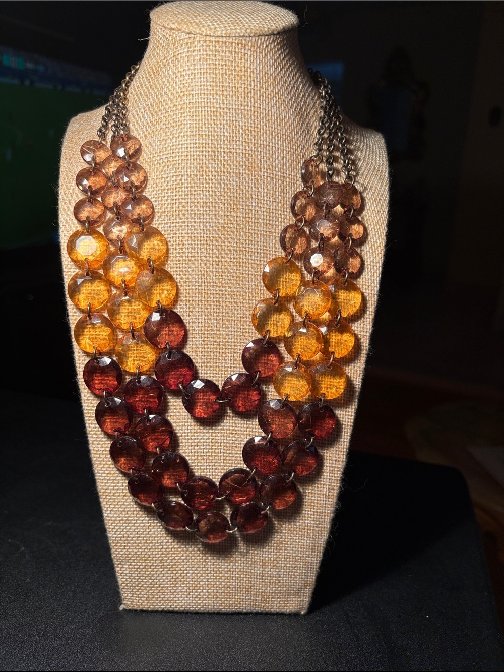 0181) Three-Strand Amber Ombré Faceted Disc Necklace